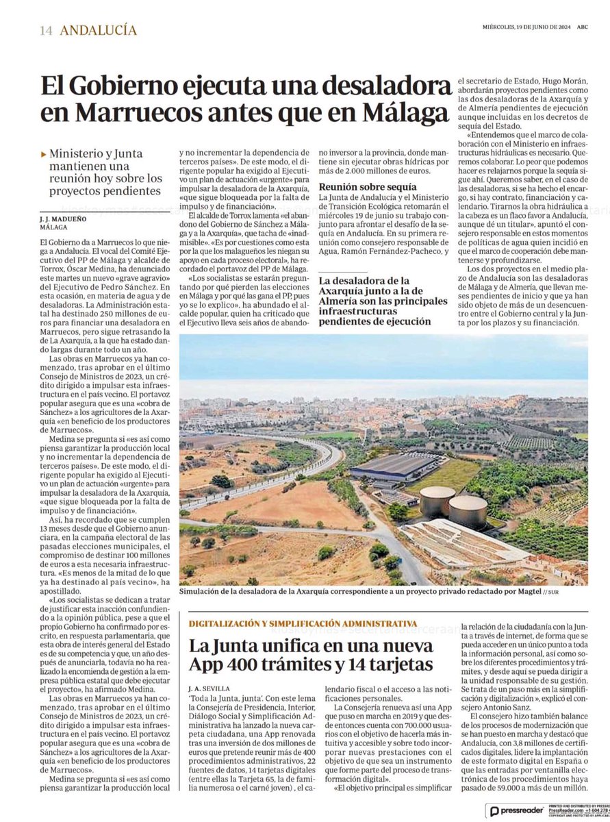 vox_es's tweet photo. 🇲🇦 Sánchez le da 250 millones de euros a Marruecos para la construcción de una desaladora clave para potenciar su sector agrícola, que compite deslealmente con el nuestro. 

🇪🇸 Mientras, la Axarquía malagueña con restricciones de agua. 

Trabajan contra los intereses de España. https://t.co/Kfw1f8pClg