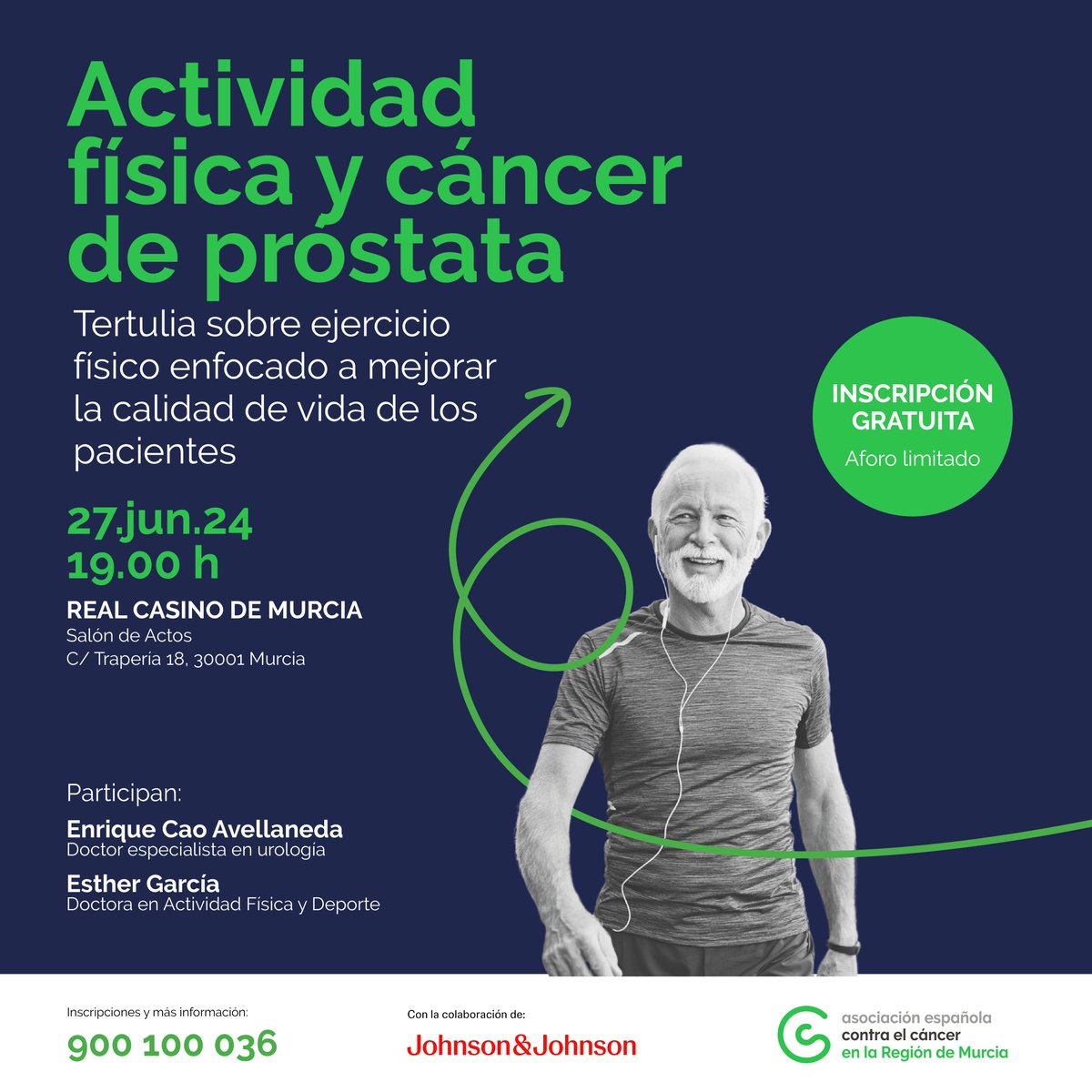 ¡Marca tu calendario!🗓️
El próximo jueves 27 de junio a las 19h, te esperamos en el Real Casino de Murcia para nuestra tertulia gratuita “Actividad física y cáncer de próstata”. 
Inscríbete ya llamando al 900 100 036
¡No te lo pierdas!💚
-
Con la colaboración de Johnson&amp;Johnson