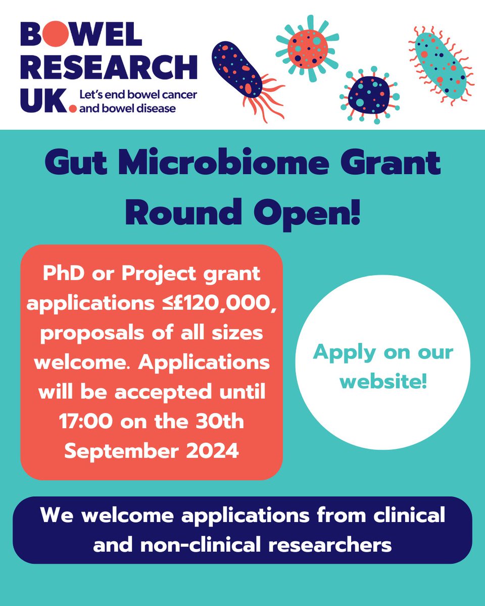 Bowel Research UK is committed to funding £250,000 in gut microbiome research, investigating how the microbes within us impact the health of our bowels.

Apply now! We are accepting proposals for PhDs or project grants of up to £120,000 &gt; bowelresearchuk.org/our-research/a…

#GutMicrobiome