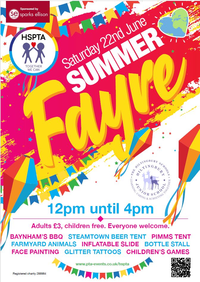 Join us at the Hiltingbury Schools Summer Fayre this Saturday from 12-4pm! Fun activities for all. We hope to see you there! #SummerFayre #HiltingburyJuniorSchool #HiltingburyInfantSchool #HSPTA #Fundraiser #funinthesun🌞