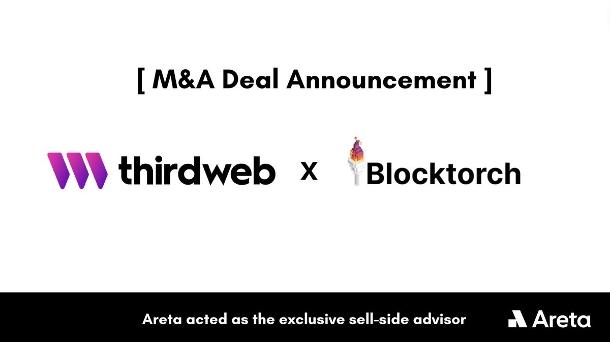 Areta (@areta_io) on Twitter photo We are excited to announce <a href="/blocktorch/">blocktorch (acquired by thirdweb)</a>, a comprehensive solution provider for developing & optimizing decentralized apps, has been acquired by <a href="/thirdweb/">thirdweb</a>, a leading web3 dev. tools provider that previously raised $24m from Haun Ventures.
Areta acted as excl. sell-side advisors. We are excited to announce <a href="/blocktorch/">blocktorch (acquired by thirdweb)</a>, a comprehensive solution provider for developing & optimizing decentralized apps, has been acquired by <a href="/thirdweb/">thirdweb</a>, a leading web3 dev. tools provider that previously raised $24m from Haun Ventures.
Areta acted as excl. sell-side advisors.