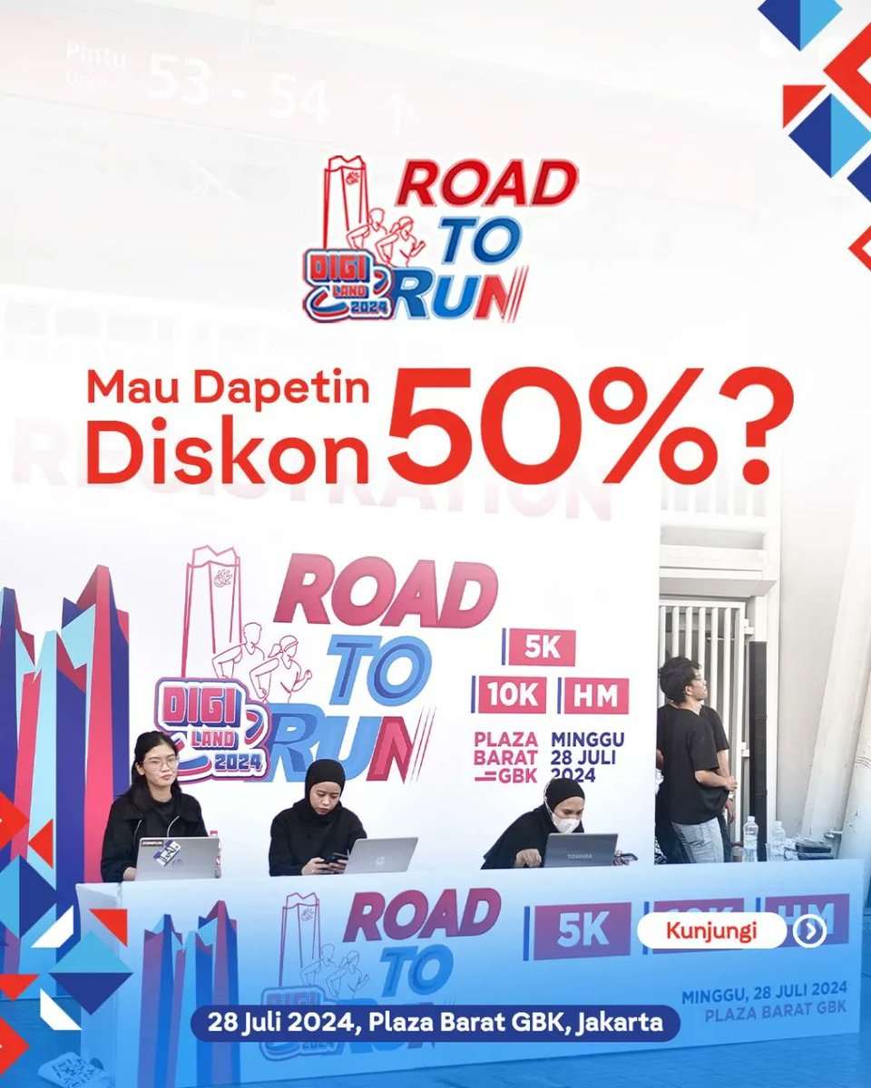 Buat kamu yang belum daftar Digiland Run, dan nyari-nyari diskon, kunjungi Booth Digiland Run di beberapa lokasi di atas ya, karena kamu bisa dapetin voucher diskon 50%, lho.

Cara dan syaratnya:

1.⁠ ⁠Follow sosial media Digiland dan Telkom Indonesia
2.⁠ ⁠Kunjungi Booth,