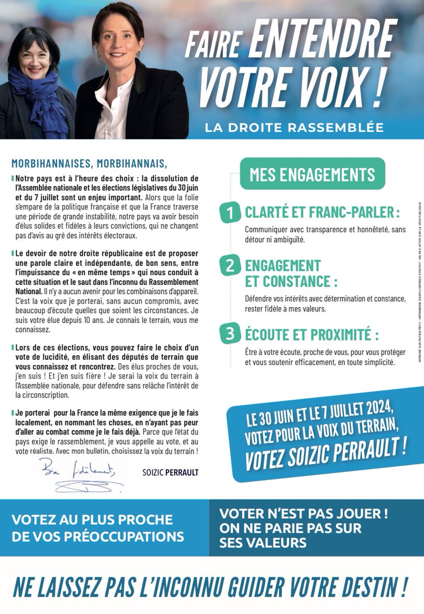 soizicperrault's tweet photo. Voici ma profession de foi pour les élections législatives des 30 Juin et 7 Juillet 2024 avec le soutien de @DLappartient .  Merci àGaëlle Favennec d'être mon active suppléante . Nous porterons ensemble la même exigence que nous le faisons localement 
Je compte sur vous ! 🇫🇷🗳️ https://t.co/yIw0ff1FEB