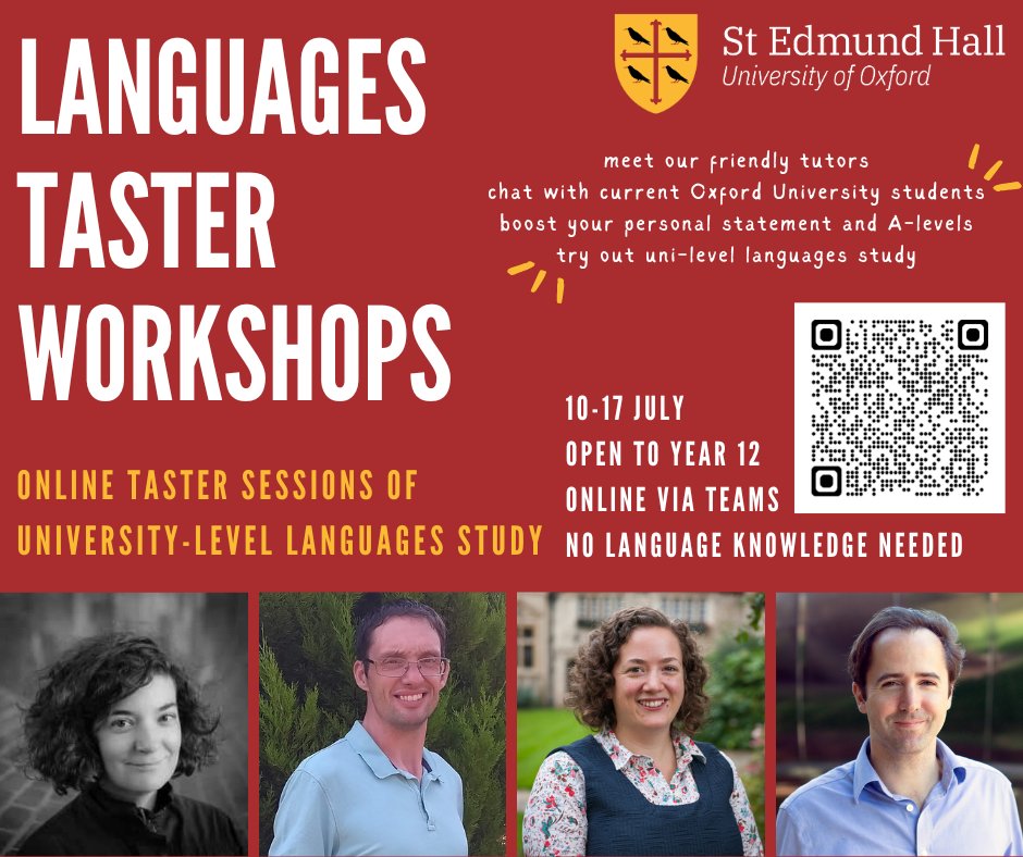 St Edmund Hall Access (@sehaccess) on Twitter photo <a href="/StEdmundHall/">St Edmund Hall</a> will be hosting online taster sessions for UK state school students in Year 12 interested in studying languages at university.
Taking place in mid-July, no language specific knowledge is needed!
For more info & sign up visit seh.ac/langs-workshops <a href="/StEdmundHall/">St Edmund Hall</a> will be hosting online taster sessions for UK state school students in Year 12 interested in studying languages at university.
Taking place in mid-July, no language specific knowledge is needed!
For more info & sign up visit seh.ac/langs-workshops