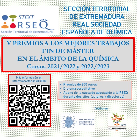 RSEQ_STExt's tweet photo. Convocados los Premios a los mejores TFM en el ámbito de la Química defendidos en la Universidad de Extremadura durante los dos cursos pasados. La recepción de trabajos está abierta hasta el próximo 10 de julio. https://t.co/BT9lhsHrz6