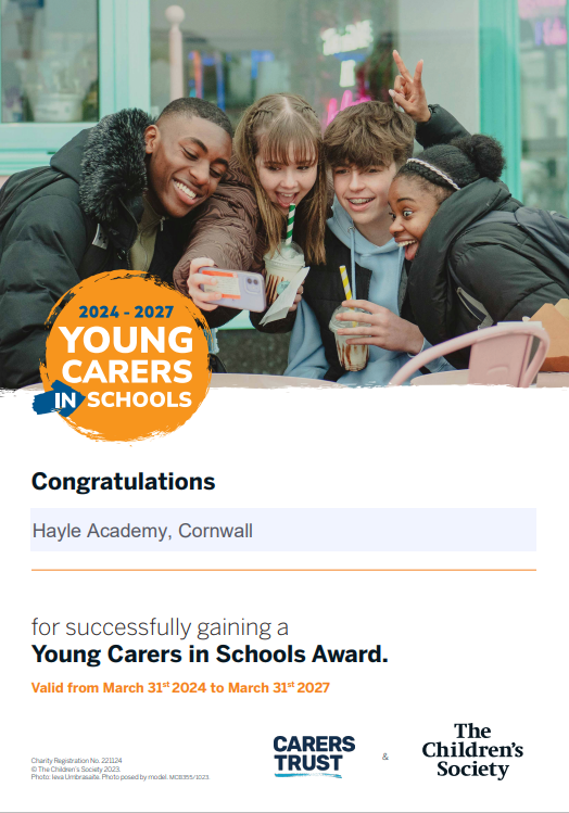 Congratulations to Hayle Academy!
Hayle have won the Young Carers In Schools Award for their hard work in supporting students at the school who are young carers.
#youngcarer#SupportingYoungCarers#education#youngcarersaward#multiacademytrust#truroandpenwithacademytrust#support