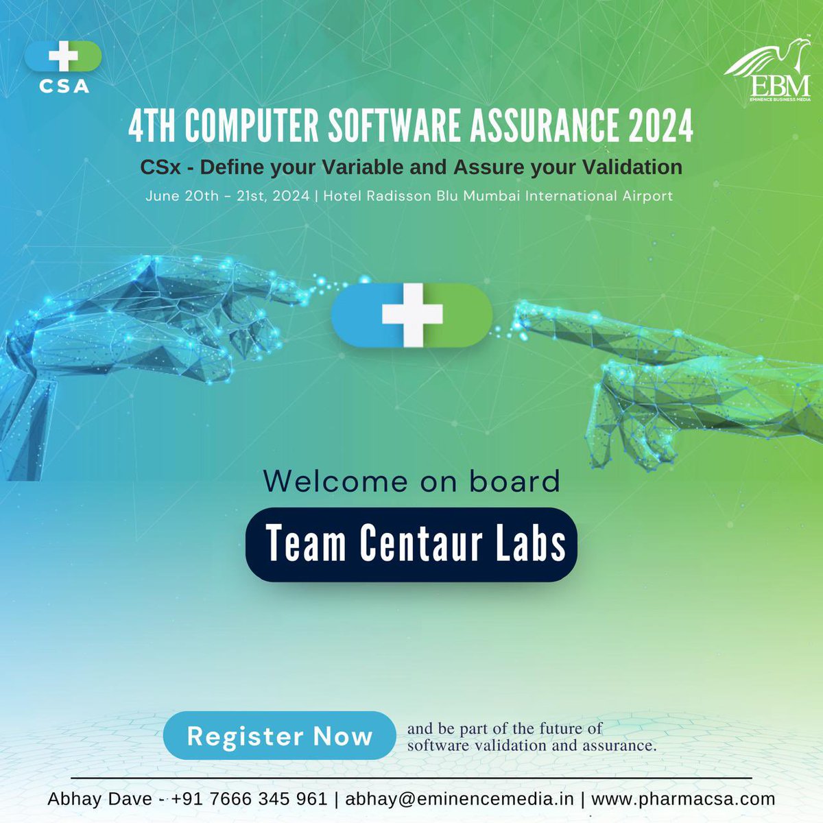 eminence_group9's tweet image. Welcome on board team Centaur Labs for the 4th Computer Software Assurance 2024 CSx-Define your Variable and Assure your Validation scheduled for June 20th-21st, 2024. 
Register today - lnkd.in/dx8FktNu
#ebmcsa2024 #computersoftwareassurance 
#eminencebusinessmedia
