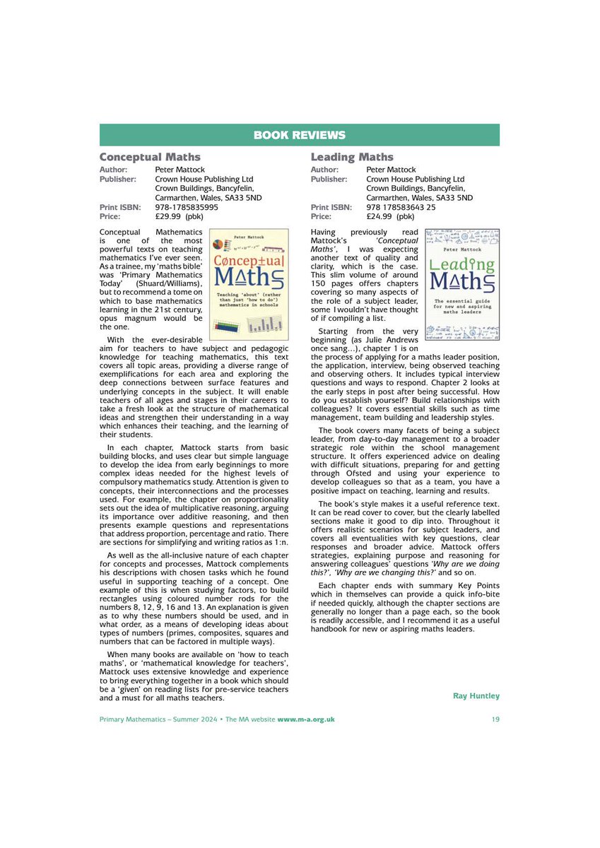 CrownHousePub's tweet photo. Great to see both of @MrMattock's books reviewed by Ray Huntley in the latest issue of @Mathematical_A's Primary Mathematics magazine!
π You can discover #LeadingMaths and #ConceptualMaths in a special bundle with Peter's other book, #VisibleMaths, here: https://t.co/tDSziEwY78 https://t.co/jFH7tfQ1Fj