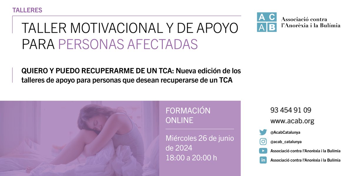 #TALLER ONLINE DE SUPORT PER A PERSONES AFECTADES on compartir el vostre cas amb altres persones en una situació similar.
Amb Bàrbara Alcaide, psicòloga experta en #TCA i responsable del Servei d'Atenció.
Dimecres, 26 de Juny, de 18 a 20 h.
Inscripcions: acab.org/agenda/taller-…