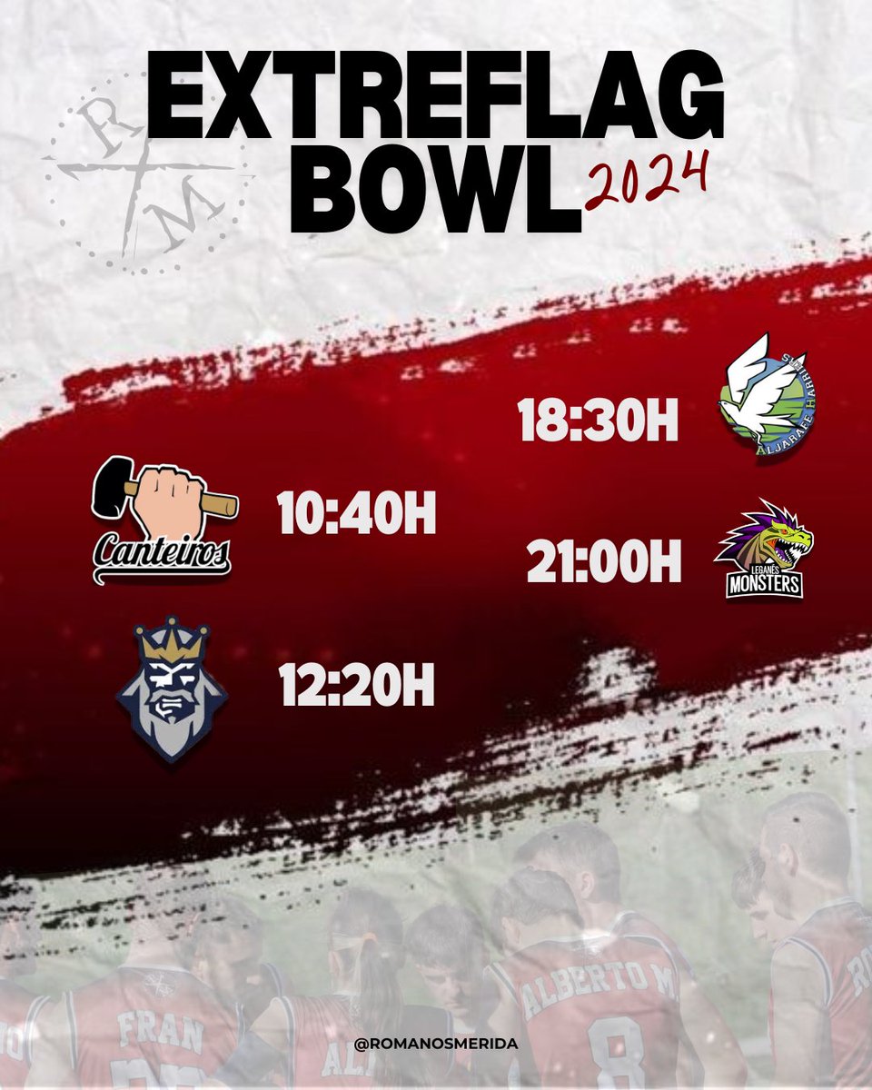 RomanosMerida's tweet image. Este fin de semana 21-22-23 de junio estaremos en la EXTREFLAG BOWL 2024.

Jugaremos fase de grupo el sábado:

10:40h - Pontevedra Canteiros
12:20h - Gijón Norteños
18:30h - @harriersflag
21:00h - @LeganesMonsters