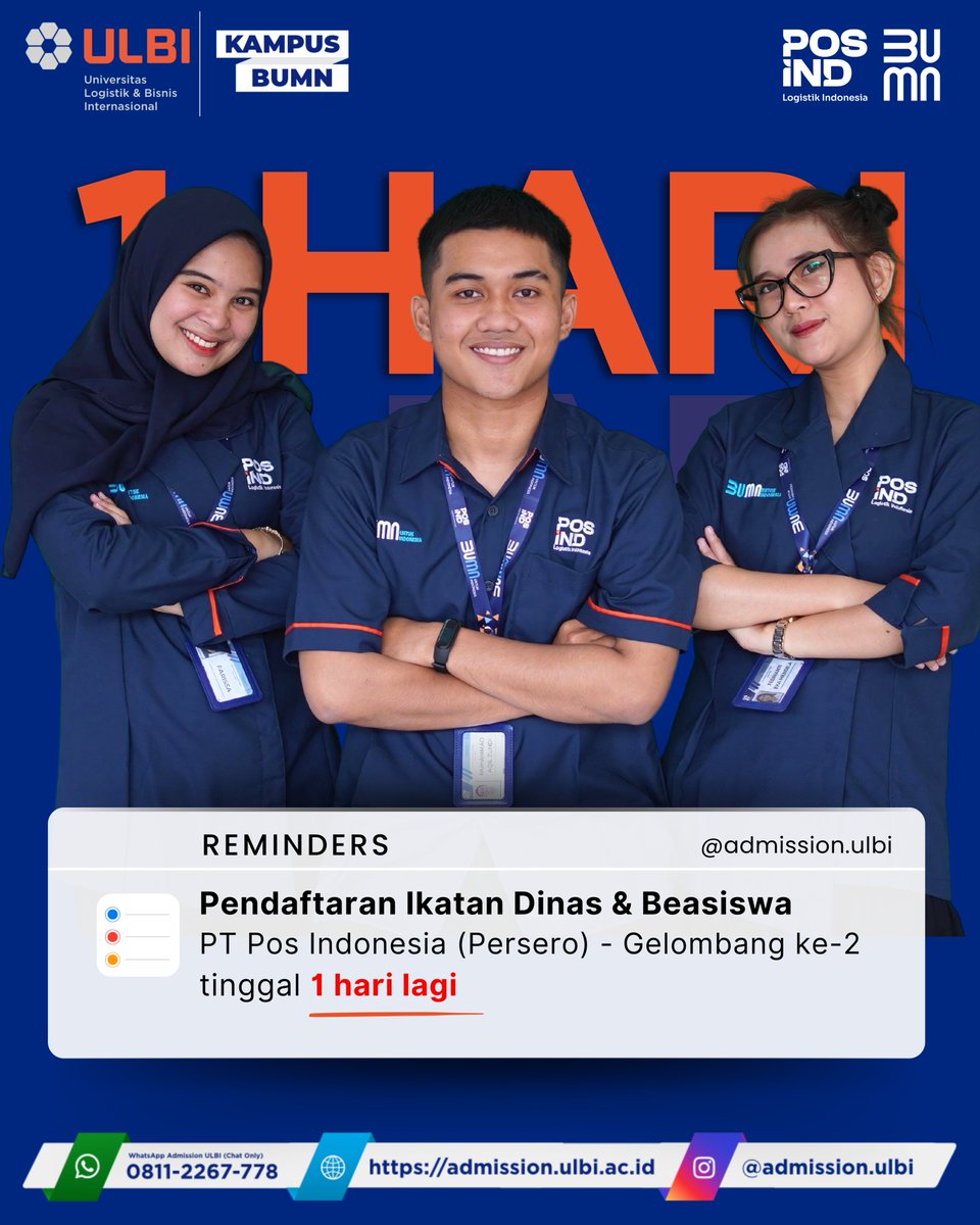 Halo #ULBIAN!

BESOK UDAH PENUTUPAN PENDAFTARAN IKATAN DINAS GELOMBANG 2!

#KampusBUMN #KampusSwastaBandung #KampusSwastaTerbaik #IkatanDInas #Kedinasan #PosIND #PosIndonesia #KantorPos #BUMNUntukIndonesia #278thPosIND