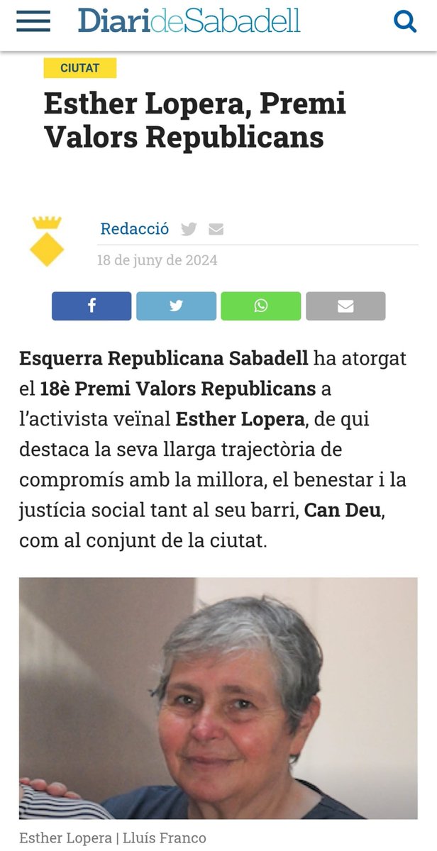 ercsabadell's tweet photo. 📢 𝗔𝗶𝘅𝗼̀ 𝗲́𝘀 𝗮𝘃𝘂𝗶❗️

🏆 Esther Lopera rebrà el 18è Premi Valors Republicans d'@Esquerra_ERC #Sabadell.

🎖️ Reconeixerem els militants més antics.

🎶 Gaudirem de la música d'Alba i David Bonet.

📍 @EspaiAgora
🕖 19 h

🏅 #PremisValorsRepublicans
🟨 #ElSabadellDeTothom https://t.co/qoi0X0CFWj