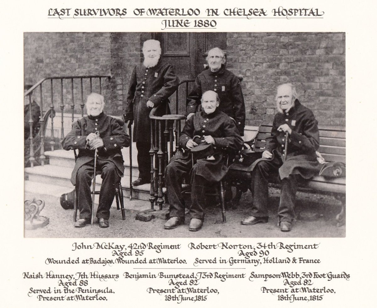 The last survivors of Waterloo in London’s Chelsea Hospital, June 1880. Incredibly, records show that John McKay, first on the left, was born in 1785 on board HMS Victory.