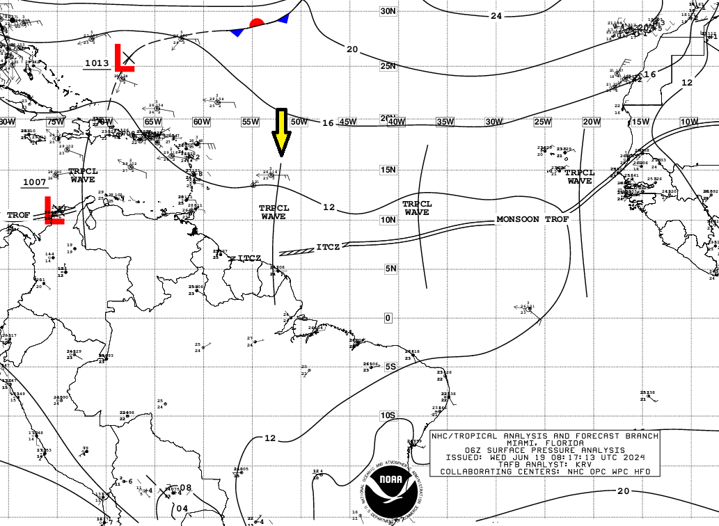 #19Jun La vaguada que indiqué ayer llegando a Guayana Francesa ha comenzado a ser analizada como una nueva onda tropical. Sería la número trece de la temporada
