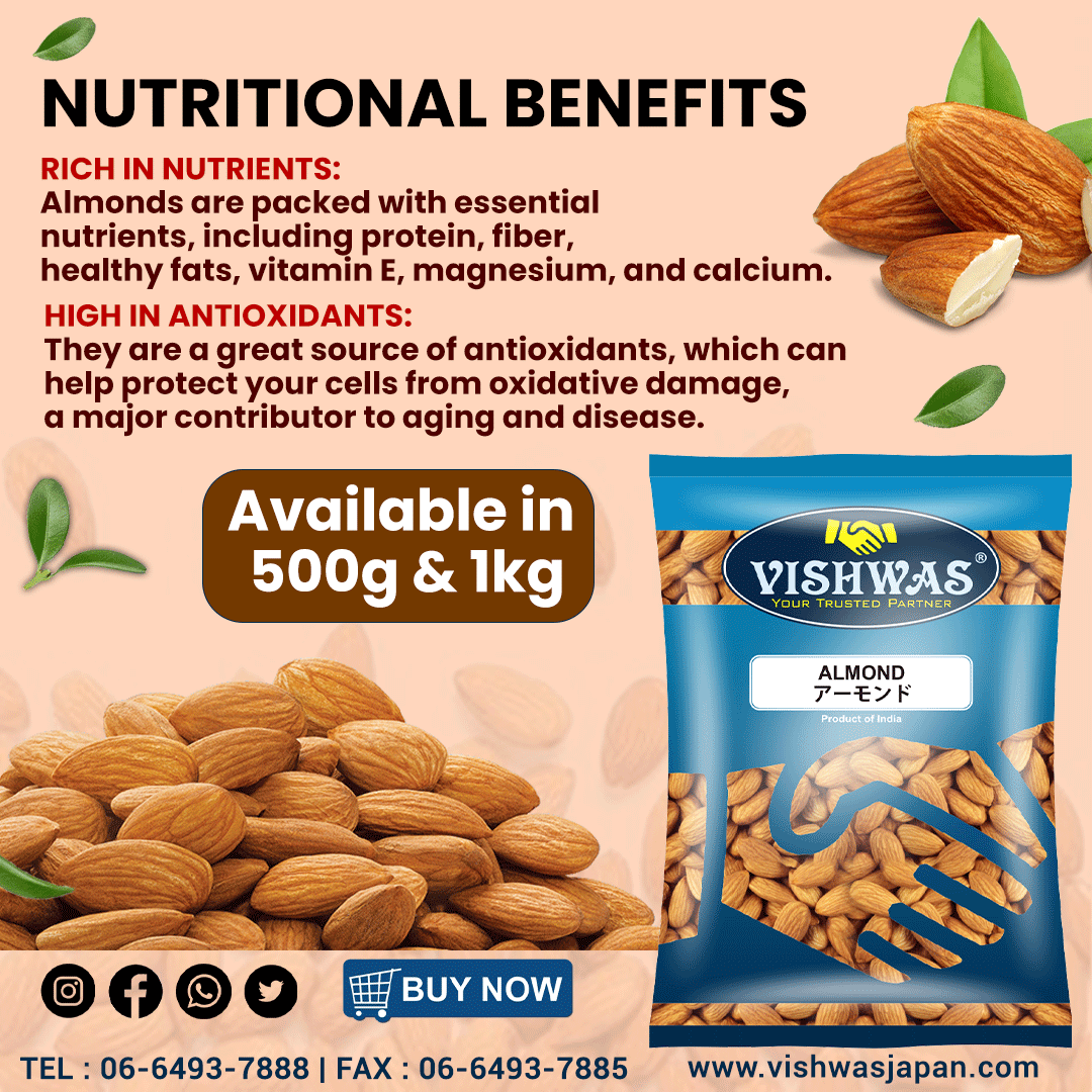 VISHWAS CO. LTD. (@vishwasjapan) on Twitter photo Almonds are a great source of protein, fiber, and healthy fats 🌿🥜
Contact Us
📱 Tel. - 06-6493-7888
📠 Fax - 06-6493-7885
🌐 Website - vishwasjapan.com
📧 Mail - vishwasjapan@gmail.com
#HealthyLiving #NutrientRich #SnackTime
#vishwasfood #インドスパイス #スパイスカレ Almonds are a great source of protein, fiber, and healthy fats 🌿🥜
Contact Us
📱 Tel. - 06-6493-7888
📠 Fax - 06-6493-7885
🌐 Website - vishwasjapan.com
📧 Mail - vishwasjapan@gmail.com
#HealthyLiving #NutrientRich #SnackTime
#vishwasfood #インドスパイス #スパイスカレ