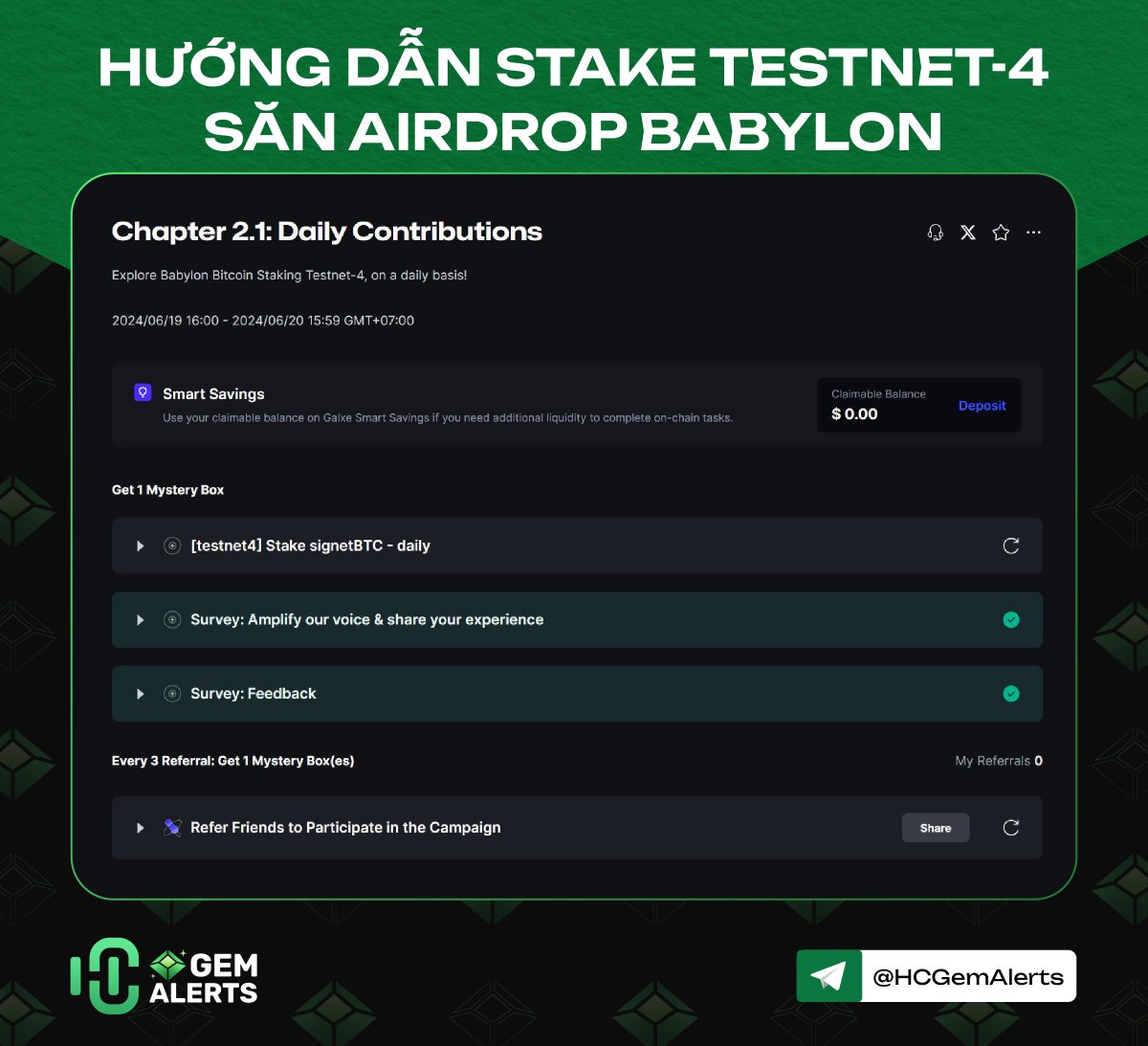 🔥Babylon mở staking testnet-4, ae vào Stake săn airdrop Babylon nhé🔥

➡️btcstaking.testnet.babylonchain.io

Đoạn nhập amount Stake có hiện thanh chỉnh gas, ae nhớ kéo max cho lệnh nhanh đi nhé! Xong lệnh hiện Status Active thì vào verify claim OAT.

➡️app.galxe.com/quest/Babylon/…

Hai