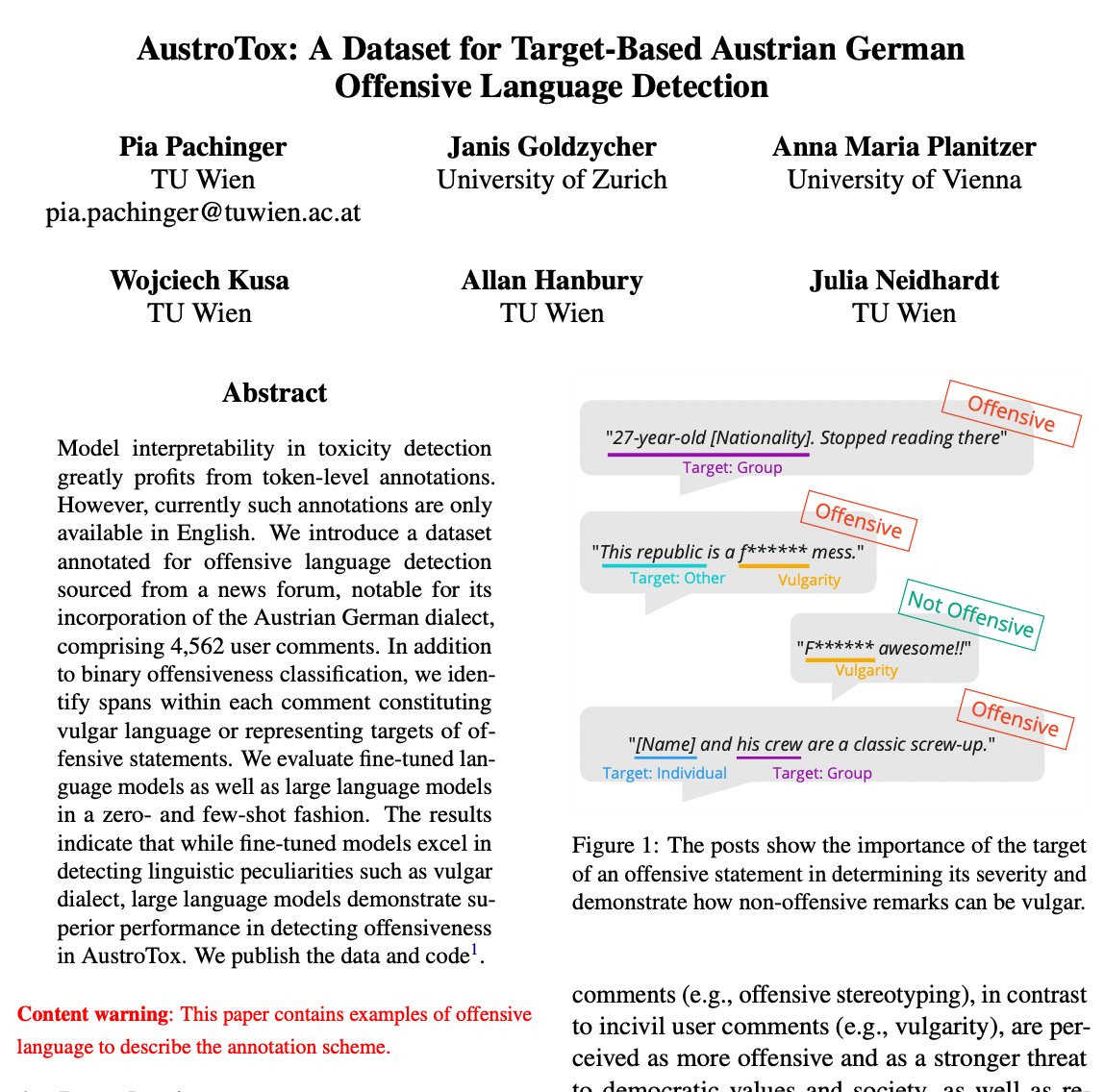 polcom_vienna's tweet photo. Interested in target-based offensive language detection of Austrian German? Published in Findings of the @aclmeeting 2024, @PiaPachinger &amp; colleagues /@AMPlanitzer introduce the “AustroTox” dataset and evaluate fine-tuned and LLMs performance. Data &amp; Code: https://t.co/1IqryWwhdR https://t.co/woBlIHrK5R