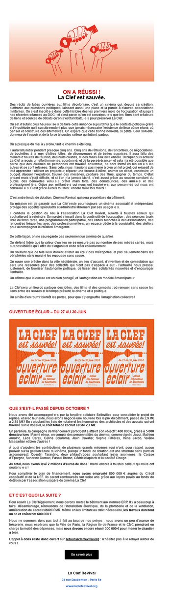 Le cinéma <a href="/LaClefRevival/">La Clef Revival est sur Mastodon</a> va rouvrir
Au programme, "des séances à  prix libre de films rares, une programmation participative, des cartes  blanches à des associations, des rencontres fréquentes avec des  professionnel·le·s, un espace dédié à la convivialité, des ateliers..."