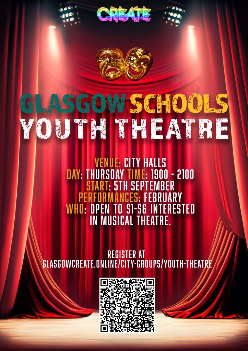 🎭 Calling all aspiring performers! 🎭 Registration for Glasgow Schools Youth Theatre (GSYT) is now open! Rehearsals start 5th Sept, every Thursday, 19:00-21:00 at City Halls. Open to S1-S6 pupils, no experience needed. Join us! 🎶✨ Sign up here: blogs.glowscotland.org.uk/gc/glasgowcrea… #GSYT