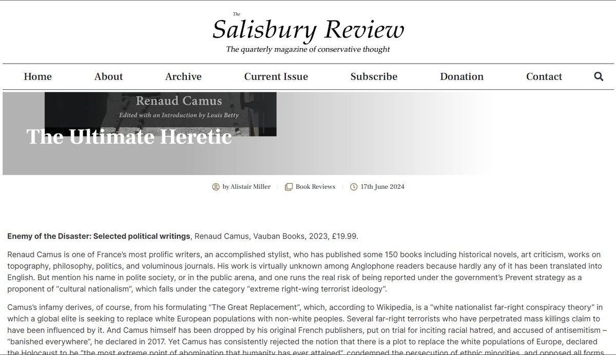 "The Ultimate Heretic" 
(La réception de Camus en Angleterre)

Enemy of the Disaster vient de faire l'objet d'une très élogieuse recension dans la revue britannique <a href="/SalisburyReview/">The Salisbury Review</a>.

« Bien que les arguments de Camus se réfèrent principalement au contexte français, ils
