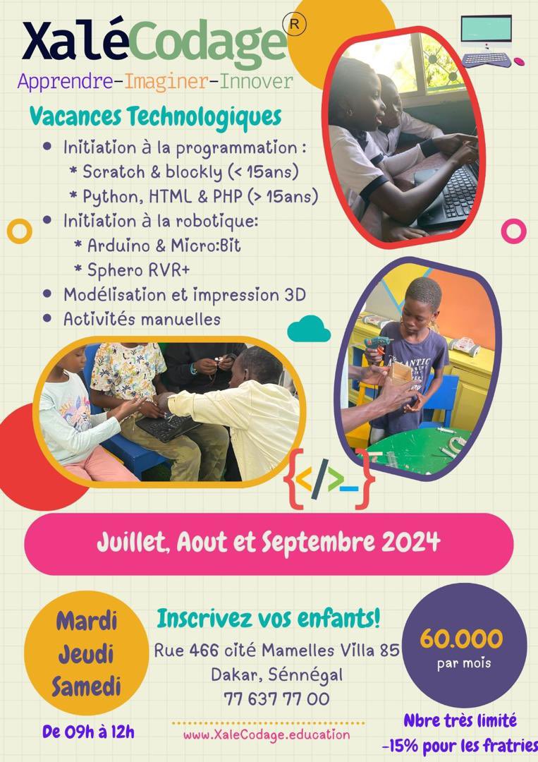 Maina_IT_Girl's tweet photo. 🌟Offrez à vos enfants des vacances inoubliables avec Xale Codage ! 🌟Plongez-les dans l'univers du code et de la technologie.🖥️🔧Ils apprendront, créeront et s'amuseront tout en développant des compétences essentielles pour leur futur.👦👧
#XaleCodage #VacancesTech #FuturDigital https://t.co/PN3mtlShRf