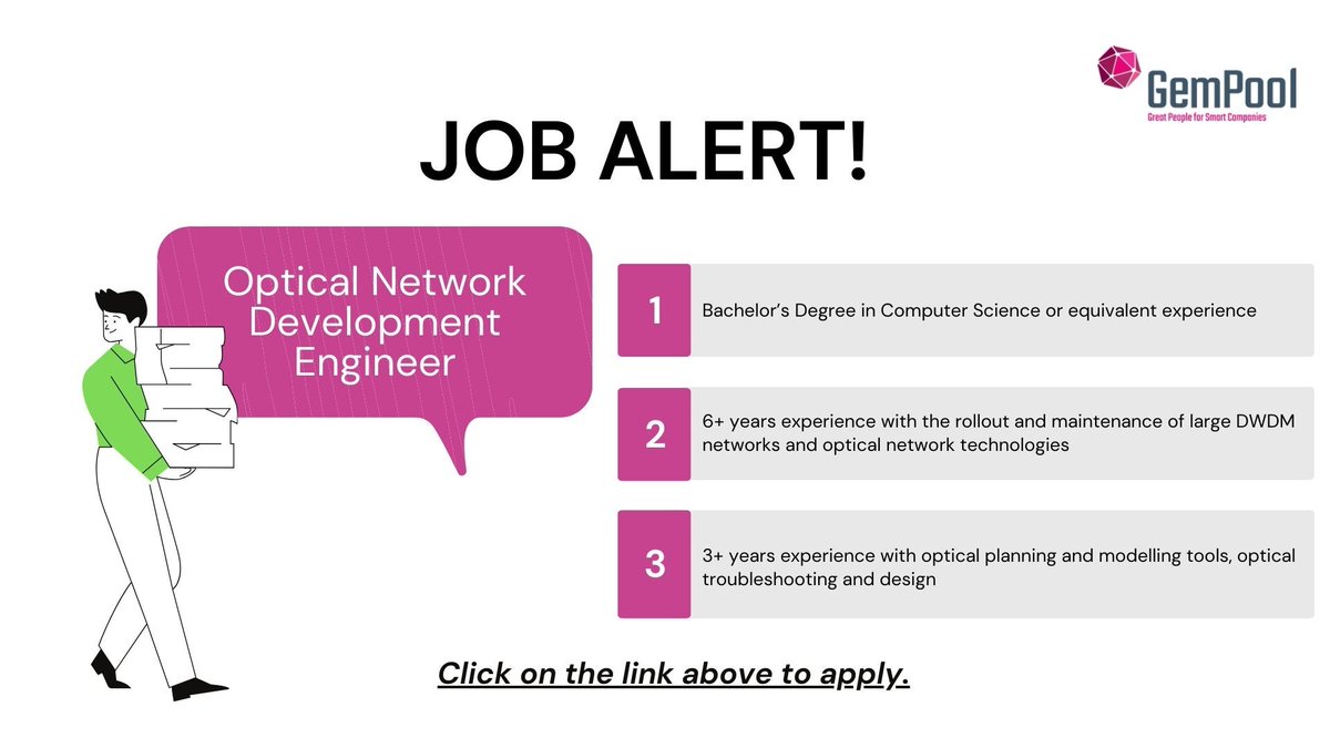 ITGemPool's tweet image. We&apos;re hiring an Optical Network Development Engineer for a 9-month contract in Dublin! If you have strong communication, project management, and troubleshooting skills, apply now: bit.ly/4b6mI16

#GemPool #ITRecruitment #OpticalEngineer