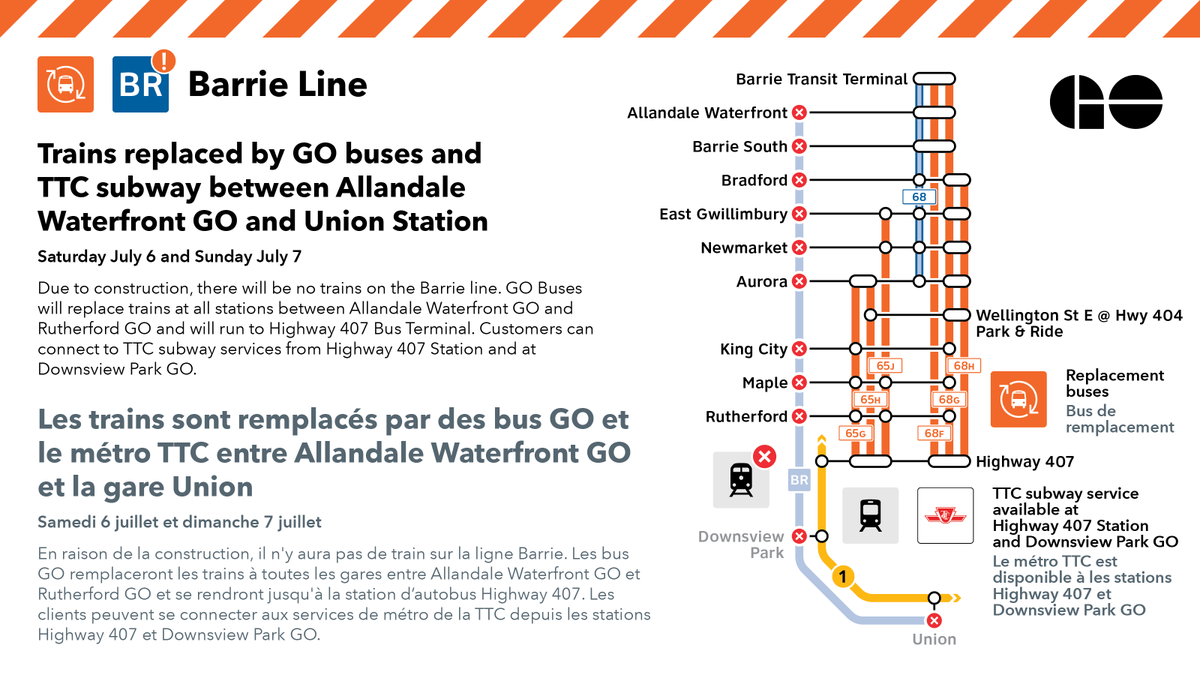 GOtransitBR's tweet photo. No #GOtrain service July 6 & 7 due to @GOexpansion construction. Replacement bus service at all stations except Downsview Park GO & Union Station Bus Terminal. Info: https://t.co/B3x0pPYIeZ #Barrieline We’re building a better service with faster trains, and reduced travel time. https://t.co/rD1x3FudIl