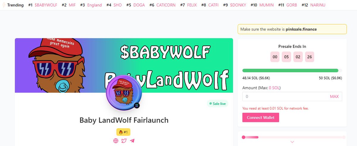 In less than 1 hour we filled out the Soft Cap, don't wait until the last minute to buy, the team can close the Fair Launch at any time.

pinksale.finance/solana/launchp…

$WOLF #WOLF #Babywolf $BABYWOLF #PRESALE #PINKSALE #SOL $SOL