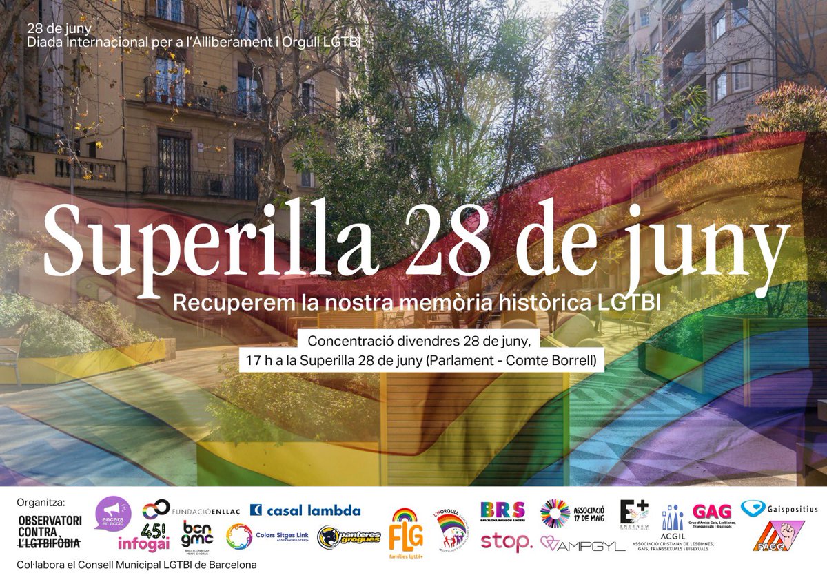 El pròxim 28 de juny, dia internacional de l'orgull i l'alliberament LGTBI, t'esperem a la concentració unitària que farem a la superilla 28 de juny.

💪 Recuperem la nostra memòria històrica.