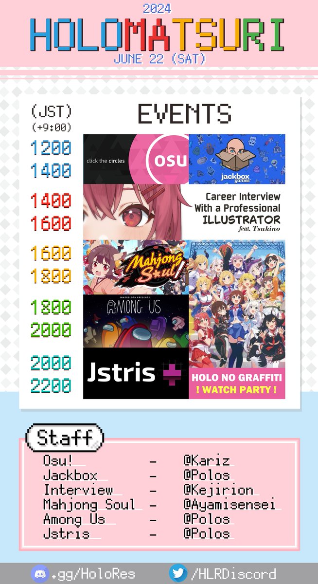 HLRDiscord's tweet photo. 2024 Holomatsuri events!
Come participate, we've got prizes~
https://t.co/NuzAgk94rt https://t.co/dJVW9LmVwa