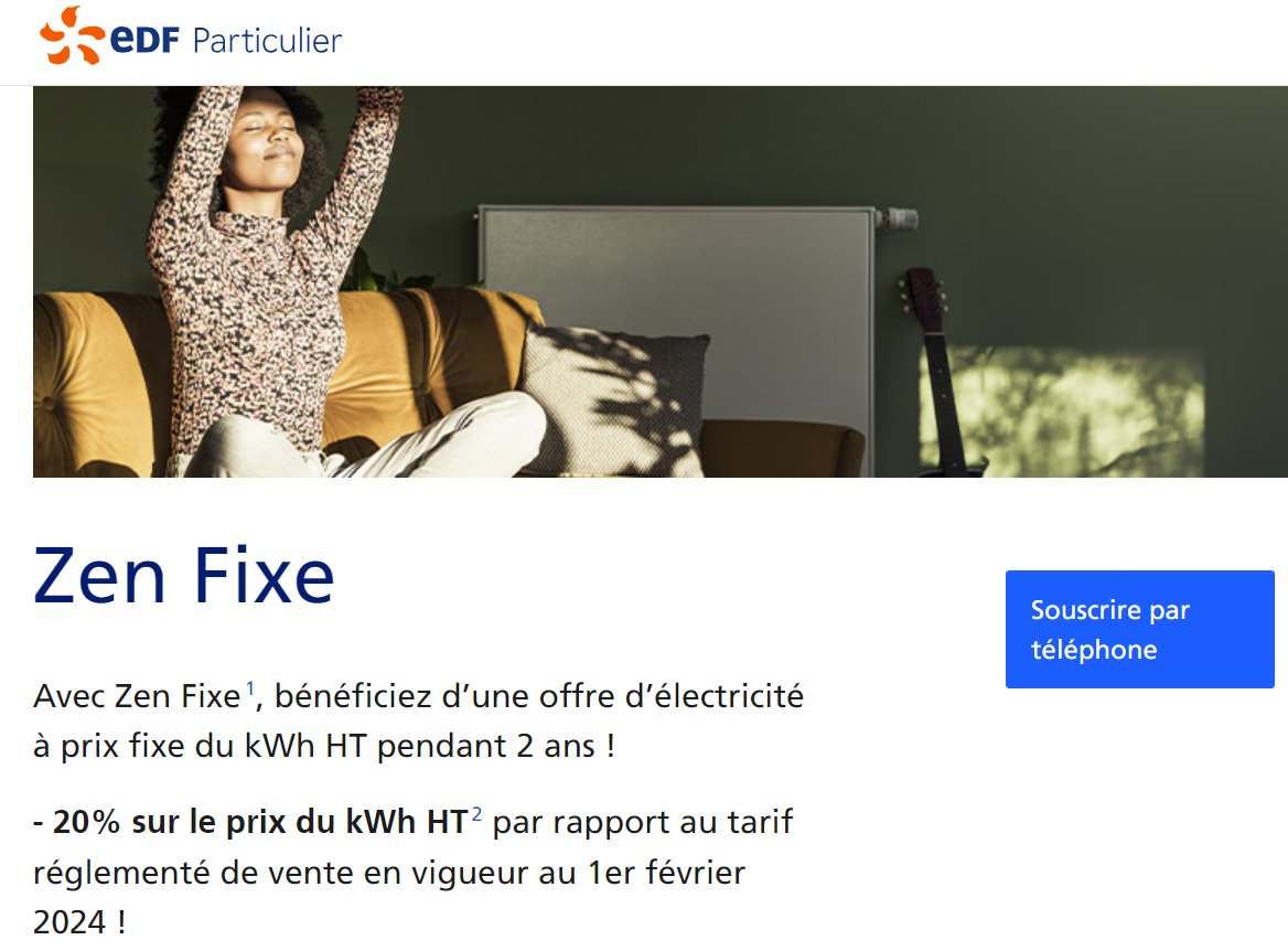 Aujourd'hui je vous fais gagner 20% sur votre facture d'électricité si vous êtes au Tarif Bleu chez EDF #Quiveutgagnerdesélectrons
=> Appelez le 09 77 41 26 26 et demandez à passer en offre de marché Zen Fixe sans engagement. Vous anticiperez de 6 mois la baisse du TRV