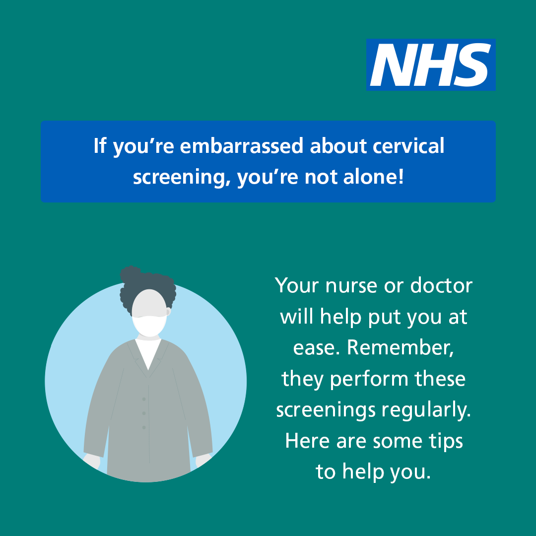 NHSuk's tweet photo. This week is  #CervicalScreeningAwarenessWeek. 

Here are some tips to help you make your cervical screening more comfortable. If you do feel embarrassed, you’re not alone! But don’t worry – talk to your doctor or nurse who can help put you at ease.