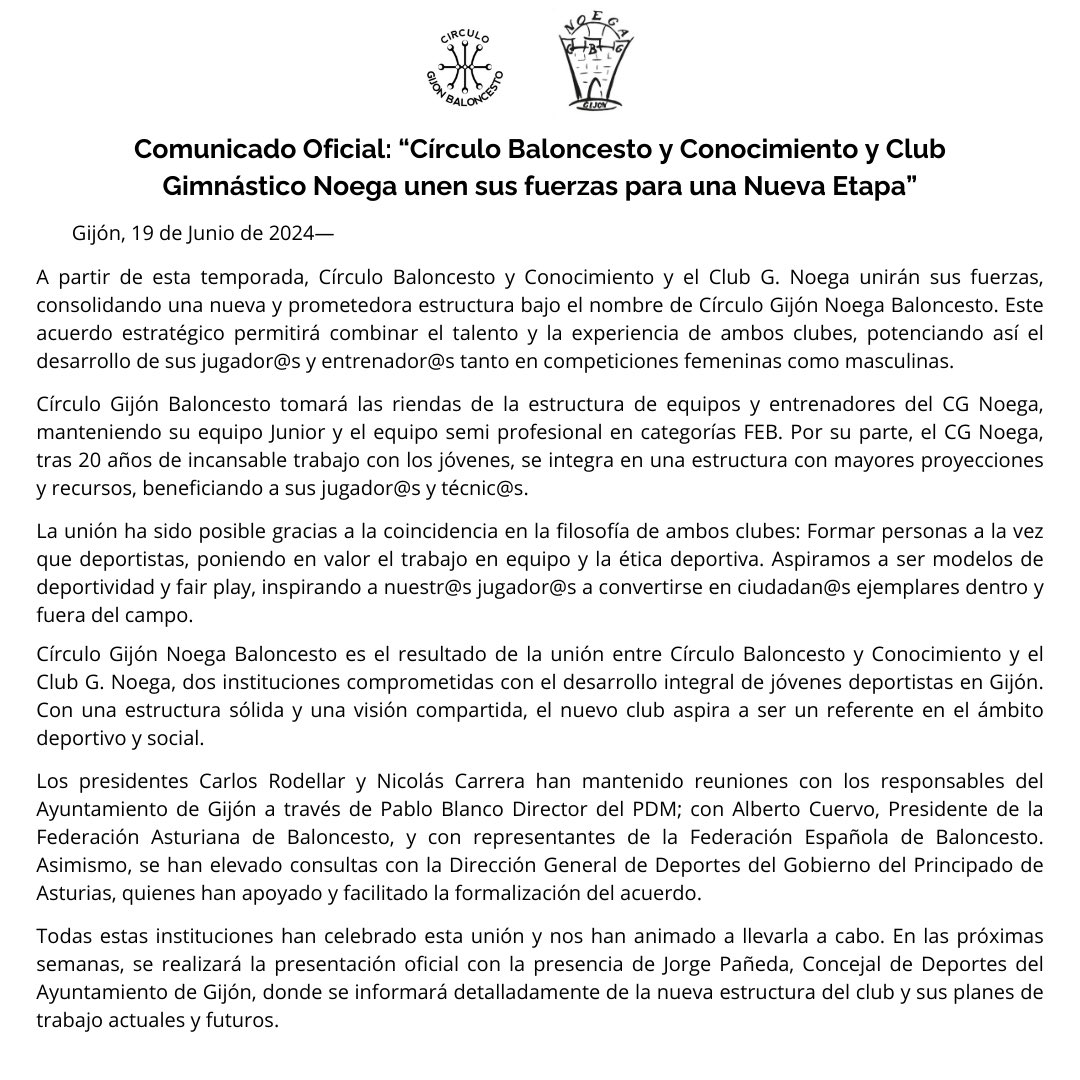 CirculoGijon's tweet photo. ⭕️COMUNICADO OFICIAL⭕️

👉 Queremos anunciar la unión del @CirculoGijon y @CbgNoega , que unirán sus fuerzas, consolidando una nueva estructura bajo el nombre Círculo Gijón Noega Baloncesto 💜

🔥¡XUNTOS, ACEPTAMOS EL DESAFÍO!
#somoscirculogijonoega https://t.co/tvfqoF2MOC