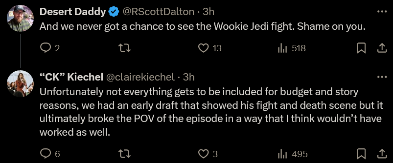 LucasSWGirl's tweet image. The writer of The Acolyte, CK Kiechel, reveals that they cut the Wookie fight/death scene due to "budget and story reasons"

$180m per episode in a show full of exposition and repetition. You've got to be fucking kidding me.