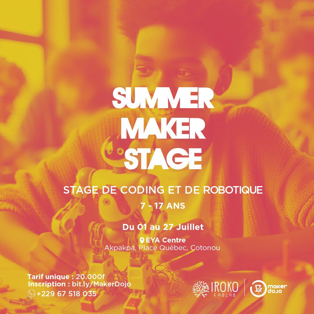 C’est reparti pour 4 semaines de créativité et de développement de compétences technologiques!

Pour nos petits makers, nous avons conçu un programme spécial afin de leur offrir une expérience d’apprentissage enrichissante. 

Inscription 👉🏾bit.ly/MakerDojo

#STEMEducation