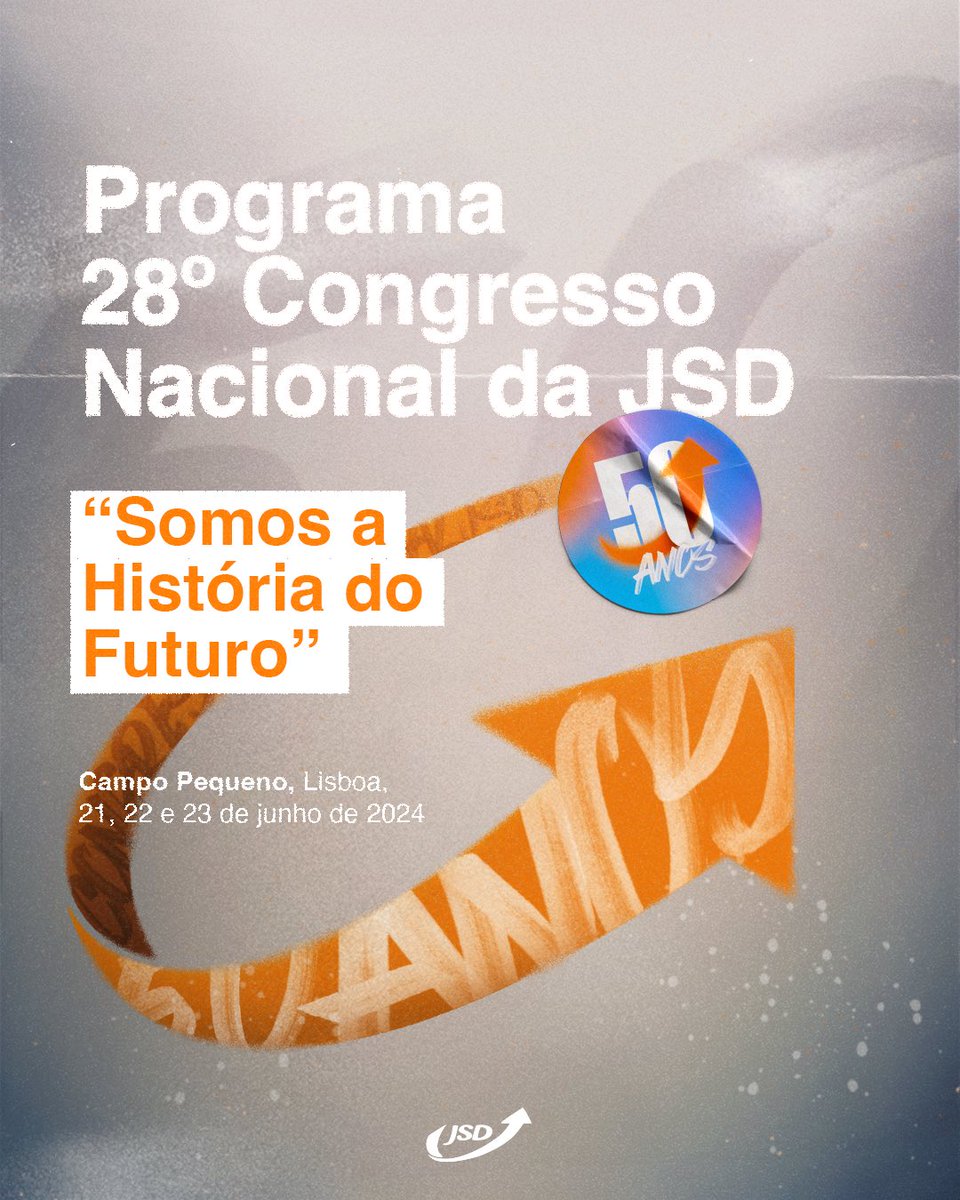 JSDPortugal's tweet photo. 🚀 Está quase a começar o 28º Congresso Nacional da JSD! 🚀

📅 Este fim de semana, celebraremos 50 anos de história e futuro no Campo Pequeno, em Lisboa, de 21 a 23 de junho de 2024.

✨ Não percas esta oportunidade de fazer parte da nossa história!

#JSD #SomosAHistóriaDoFuturo https://t.co/MrBmYd9PYb