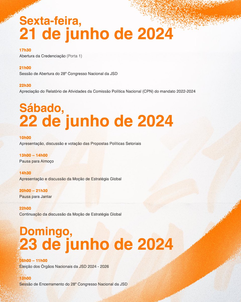 🚀 Está quase a começar o 28º Congresso Nacional da JSD! 🚀

📅 Este fim de semana, celebraremos 50 anos de história e futuro no Campo Pequeno, em Lisboa, de 21 a 23 de junho de 2024.

✨ Não percas esta oportunidade de fazer parte da nossa história!

#JSD #SomosAHistóriaDoFuturo