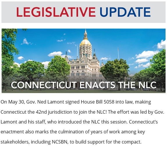 📢 ICYMI 📢 

Connecticut has enacted the Nurse Licensure Compact (NLC) for Licensed Practical and Registered Nurses. Read the full story from @@NCSBNhere: zurl.co/iNaN. 

#Delaware #Nurse #LPN #RN #APRN #NLC #NurseCompact #Licensure #Telehealth #TravelNursing