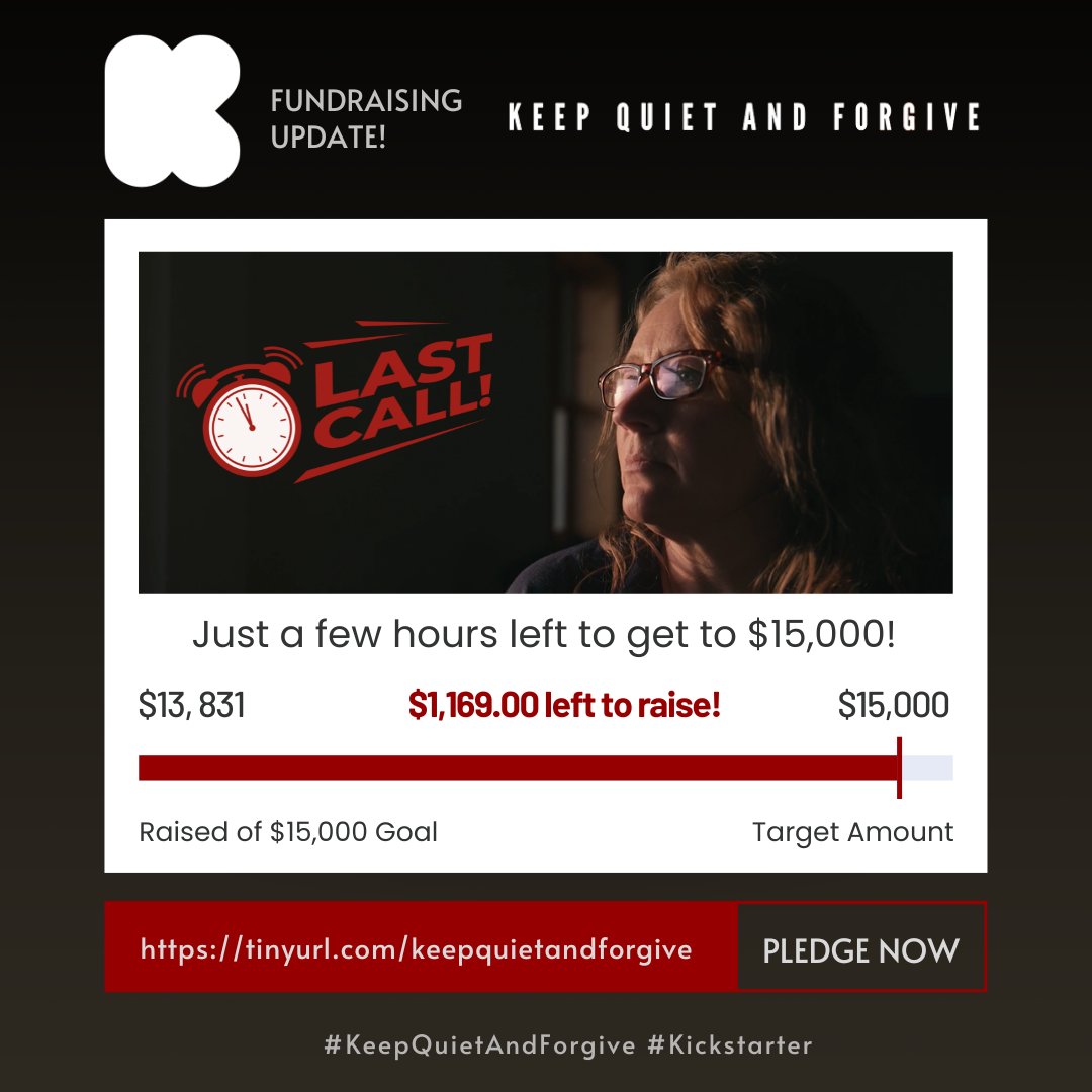 ⏰ LAST CALL: As of this morning, KEEP QUIET AND FORGIVE is 92% funded with just a few hours left in the campaign. 

There's still time to join the 180 backers who said YES!  

Pledge: 👉 tinyurl.com/keepquietandfo…

We need $1,169 to hit our goal - Kickstarter is all or nothing! 🙏