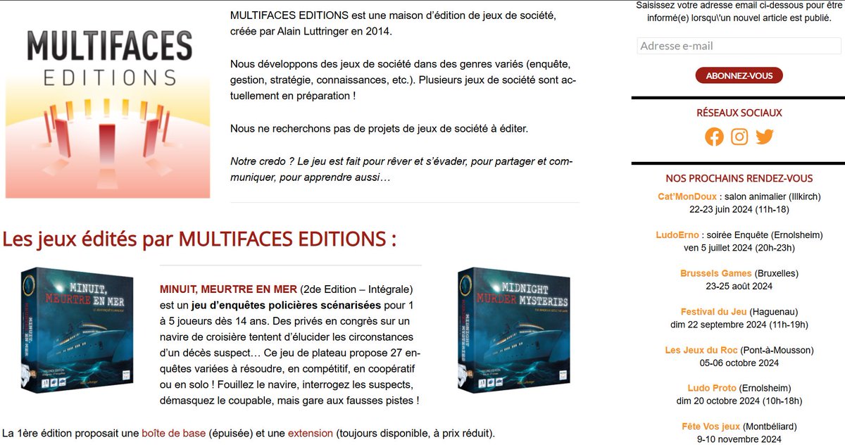 Multifaces_Ed's tweet image. NOS PROCHAINS RENDEZ-VOUS !
Venez découvrir en notre compagnie &quot;Minuit, Meurtre en Mer 2de Edition&quot; (jeu d&apos;enquêtes), &quot;Alsa Ludo&quot; (énigmes sur l&apos;Alsace) et le projet &quot;Modern Zoo&quot; (jeu de gestion-collection) lors des prochaines animations (salons, festivals, asso) suivantes :