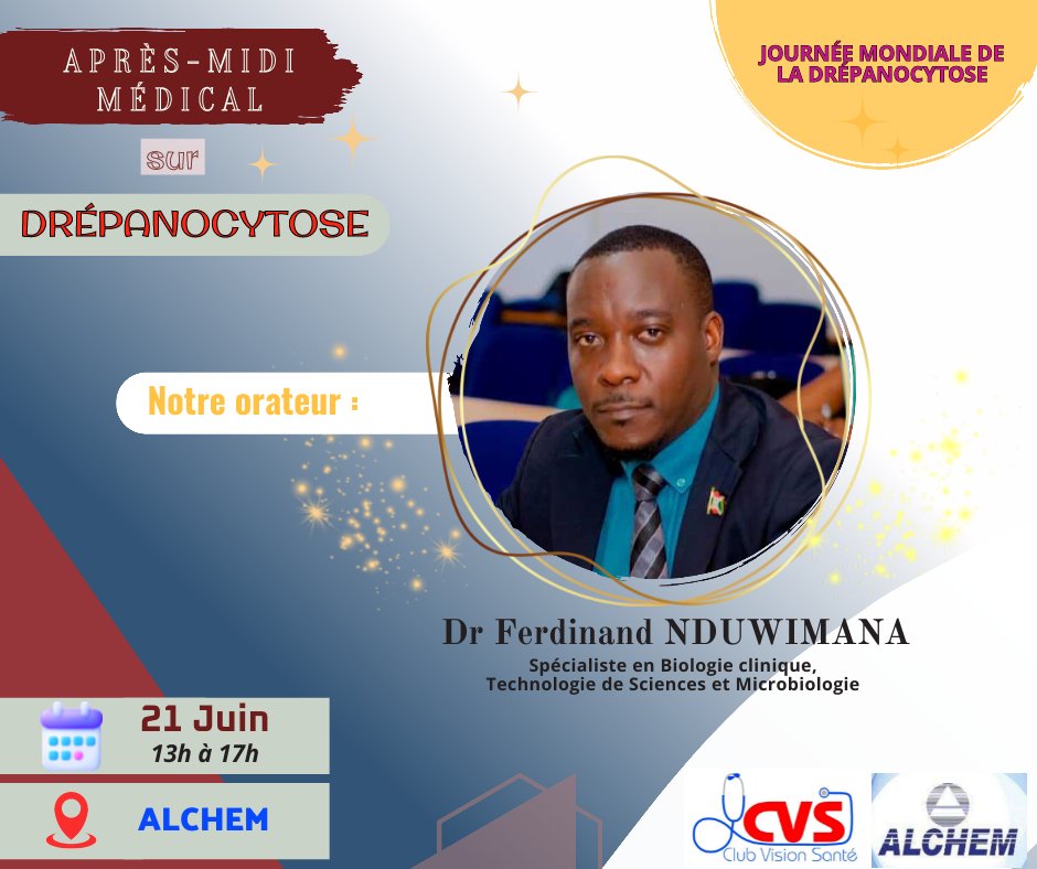 "Dr Ferdinand NDUWIMANA, expert en biologie clinique, technologie des sciences et microbiologie, présentera les derniers développements dans le diagnostic de la drépanocytose lors de notre après-midi médical du 21 juin à partir de  13h dans les locaux de la pharmacie ALCHEM."