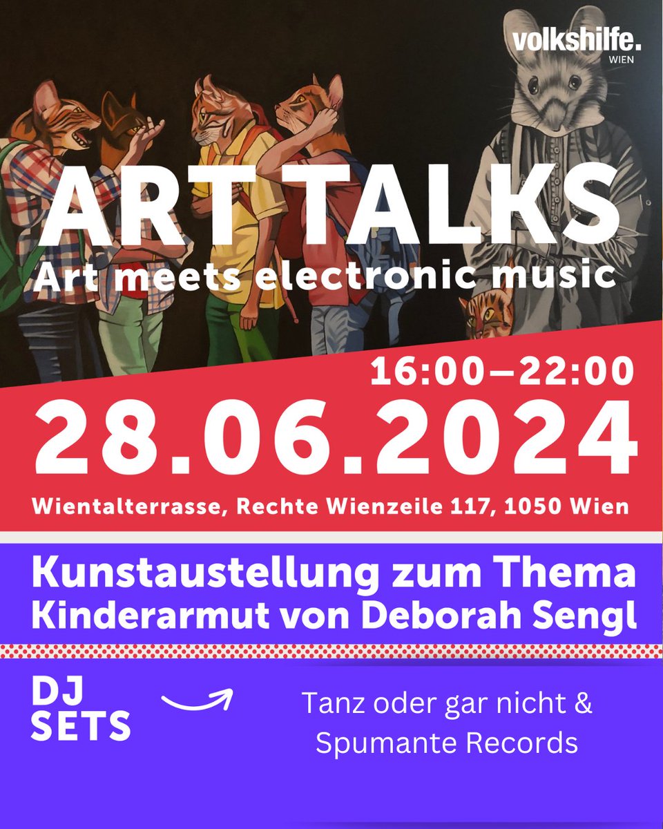 VolkshilfeWien's tweet photo. Art Talks + Electronic Music: Erlebt Deborah Sengls beeindruckende Ausstellung zu Kinderarmut und genie��t die Beats von "Tanz oder gar nicht" & "Spumante Records".
🗓️ 28. Juni | 16:00-22:00 📍 Wientalterrasse, Wien Eintritt frei!
#ArtAndMusic #ViennaArt #FreeEvent #DeborahSengl https://t.co/RfTReAKEZZ