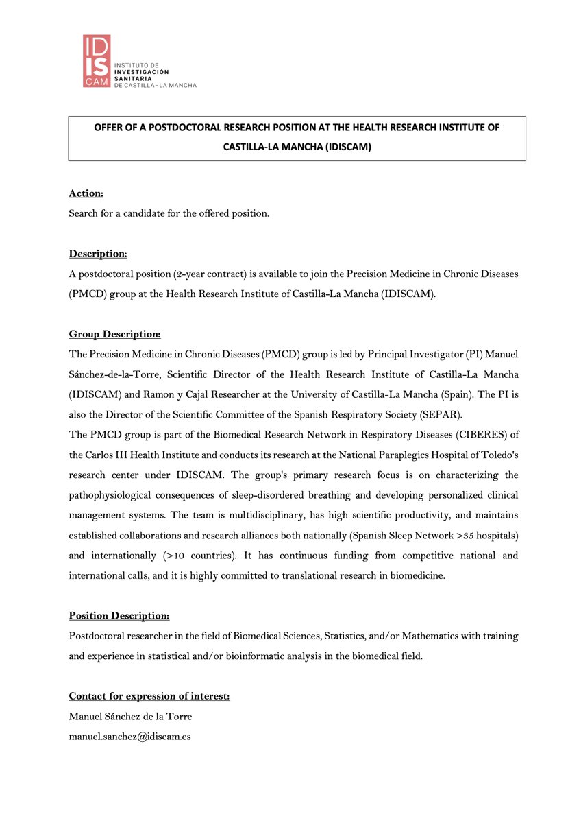 Manu Sánchez (@manuelsdt) on Twitter photo #WeAreHiring Would you like to join our Precision Medicine in Chronic Diseases Group? We are looking for a postdoc candidate to join an exciting project in a highly productive scientific environment. Check out the details in the offer. <a href="/idiscam/">IDISCAM</a> <a href="/ERS_Assembly4/">ERS Assembly 4</a> <a href="/uclm_es/">Universidad de Castilla-La Mancha</a> @CIBERES #WeAreHiring Would you like to join our Precision Medicine in Chronic Diseases Group? We are looking for a postdoc candidate to join an exciting project in a highly productive scientific environment. Check out the details in the offer. <a href="/idiscam/">IDISCAM</a> <a href="/ERS_Assembly4/">ERS Assembly 4</a> <a href="/uclm_es/">Universidad de Castilla-La Mancha</a> @CIBERES