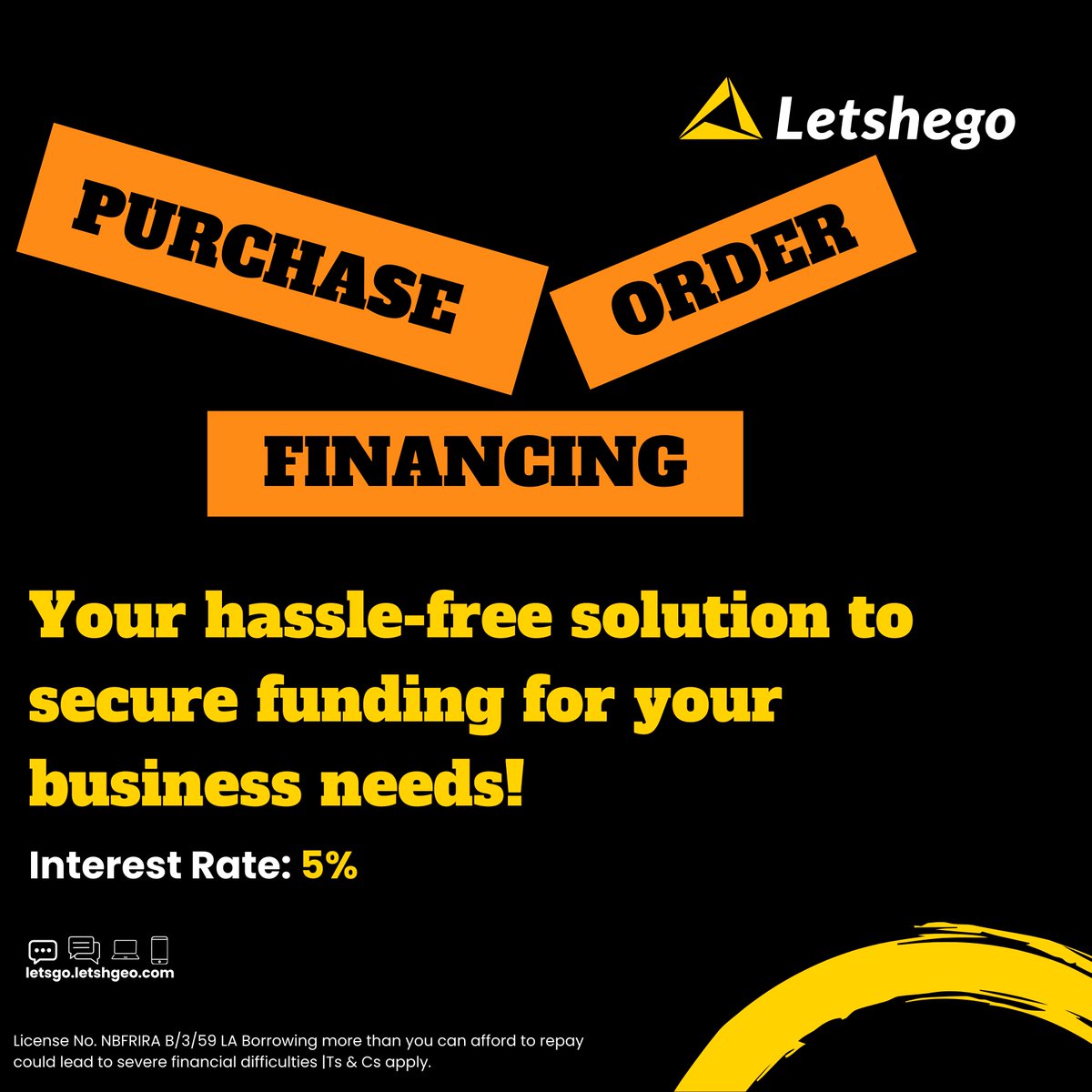 letshegobw's tweet photo. Letshego offers Purchase Order Financing at 5% and funds you within 24 hours. We assist all CIPA-registered companies for as long as they have a valid Purchase Order that is issued locally. 

For more information, call 77000061 or 363 3300
#LetsGoBW https://t.co/qN2wJCoKok