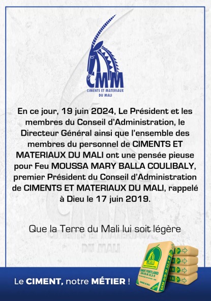 Une pensée pieuse en ce jour pour Feu Moussa Mary Balla Coulibaly, premier Président du Conseil d'Administration de CMM.
Que son âme repose en paix 
#17juin2024 #Reposeternel #RIP #Condoleances