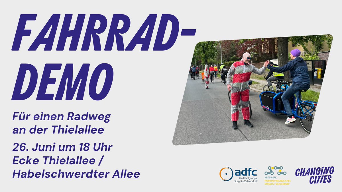 In einer Woche zählt es - erneute Demo für einen sicheren Radweg auf der #Thielallee 🚲💪 
⏰ Mittwoch, den 26.6. um 18.00 
📍 Habelschwerdter Allee/Thielallee vor der <a href="/FU_Berlin/">Freie Universität</a> 
Gebt endlich den Baubeginn frei 📢