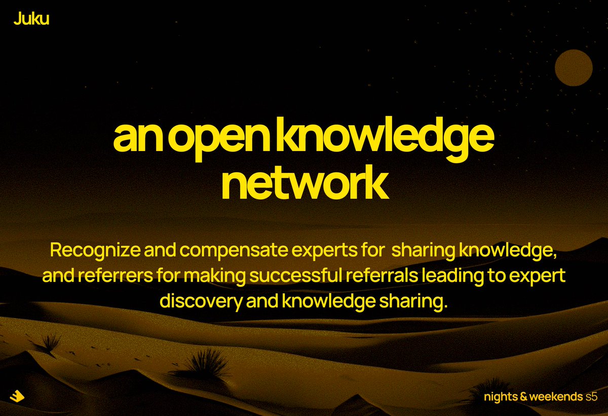 here's my idea for <a href="/_nightsweekends/">nights & weekends</a> s5! 

l'm building a decentralized, open knowledge network called @jukunetwork this year!

cc: <a href="/FarzaTV/">Farza 🇵🇰🇺🇸</a> <a href="/_buildspace/">buildspace</a> 

LFG!