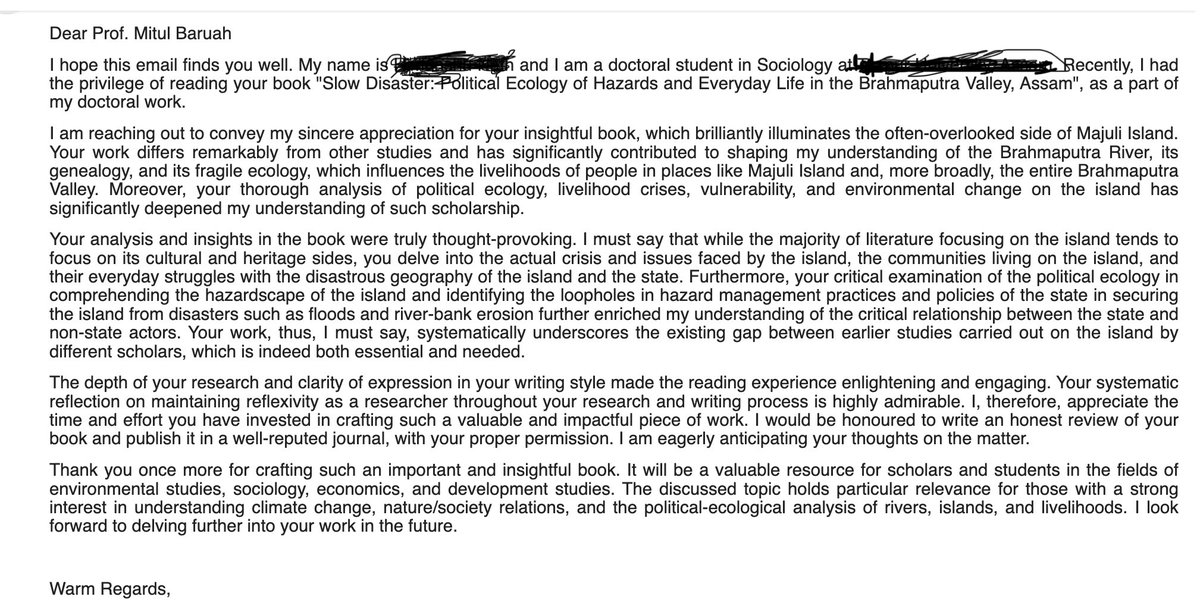 Majuli_Chapori's tweet photo. Sharing it shamelessly because I'm so thrilled to have received such a warm appreciation of my book from a PhD student. Deeply thankful for the gesture! Nothing is more satisfying for an author than such a note. :)
#SlowDisaster #bookreviews #authorcommunity #Routledge https://t.co/5DWbPoYobR