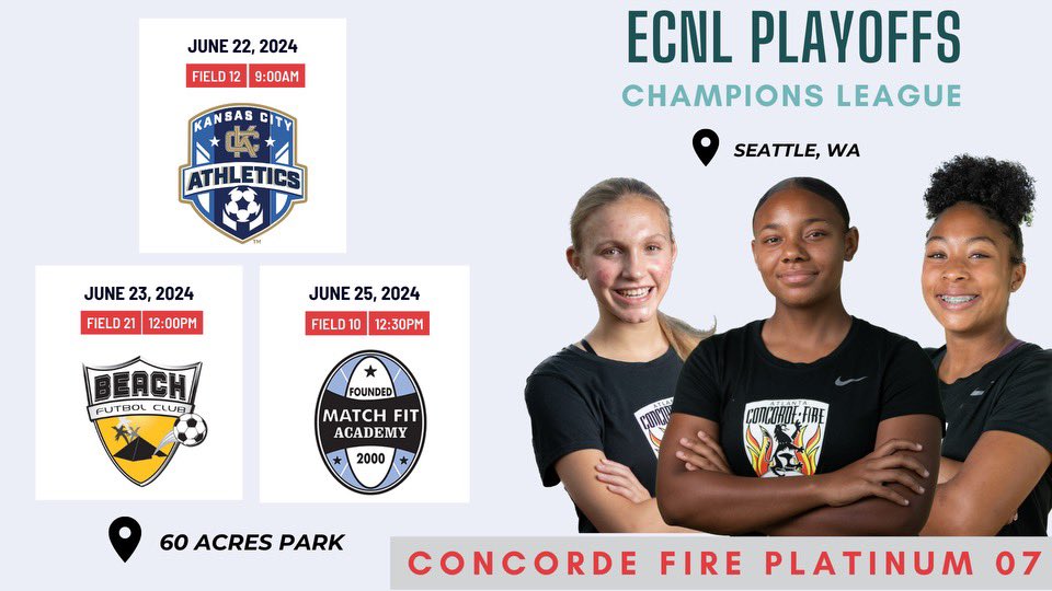@ecnlgirls Playoffs are almost here! The work has been put in and it’s time to compete against the best. Some of the best talent from the Southeast on this team! See you on Saturday!

<a href="/ConcordeSoccer/">Concorde Fire Soccer</a> <a href="/ECNLSoutheast/">ECNL Southeast Girls</a> <a href="/ImYouthSoccer/">ECNL/GA/Recruiting/College Soccer</a> <a href="/TopDrawerSoccer/">TopDrawerSoccer</a> <a href="/PrepSoccer/">Prep Soccer ⚽️</a>