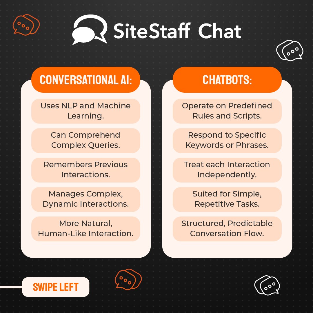 SiteStaffChat's tweet image. Discover how Conversational AI adapts to user preferences, while Chatbots excel at streamlining routine tasks. Swipe through for insights on optimizing your customer service strategy! Which approach resonates more with your audience? 

#ConversationalAI #AI #sitestaffchat